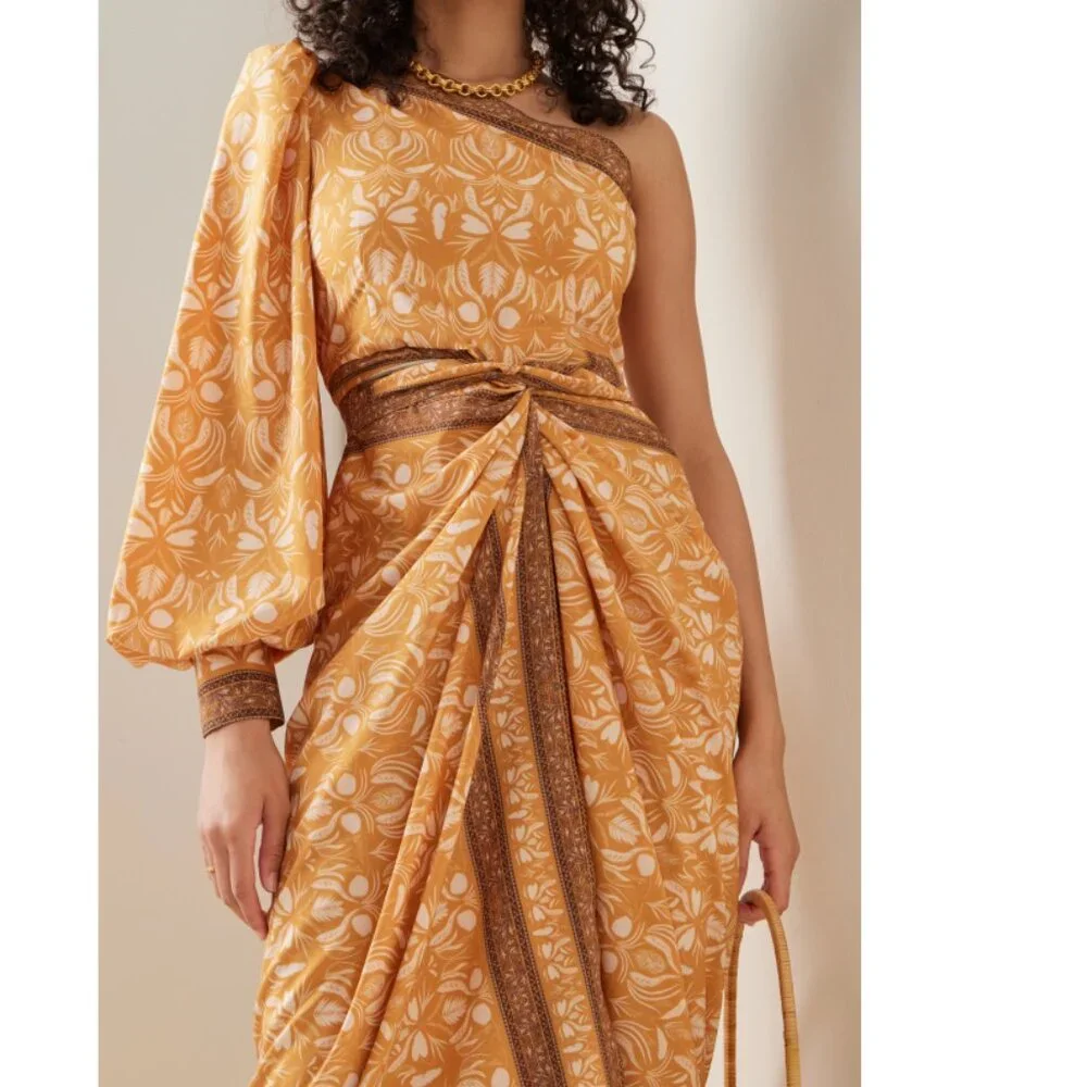 Andres Otalora Abril Asymmetric Pareo Midi Dress Size Orange/Brown Small NWT - Picture 2 of 15